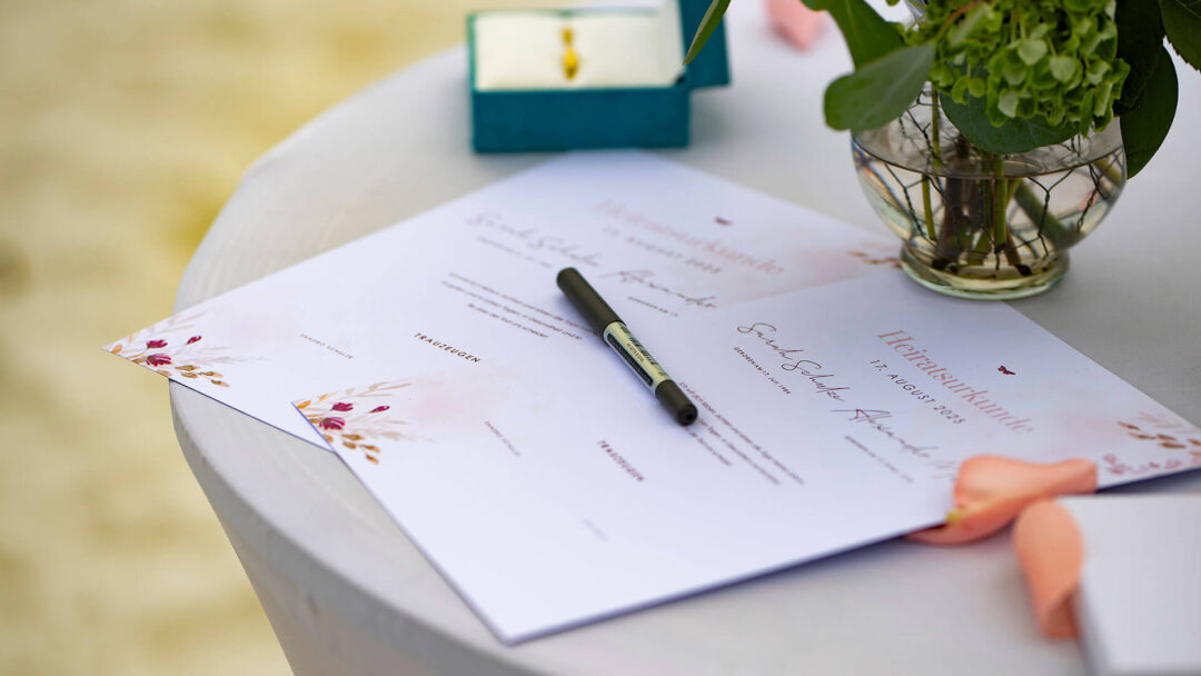 Requirements Florida marriage license by mail. Photo showing wedding certificate on a table.