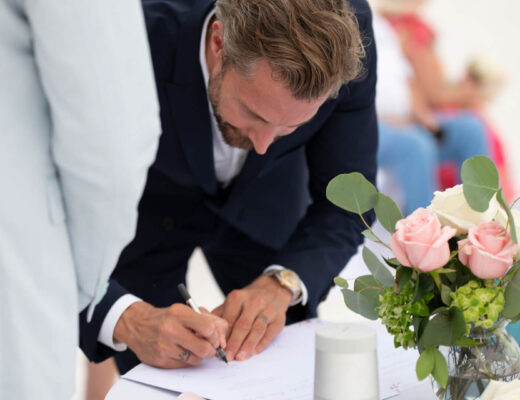 Convenient marriage license by mail. Photo of person signing the Florida marriage license by mail.